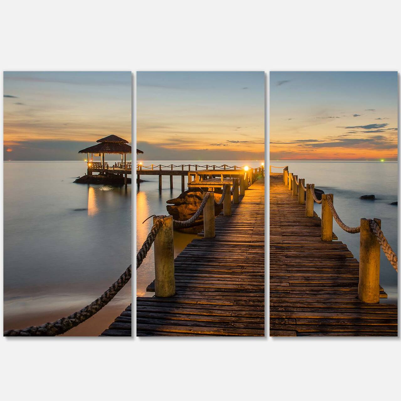Designart - Brown Wooden Pier in Evening - Seashore Photo Canvas Print